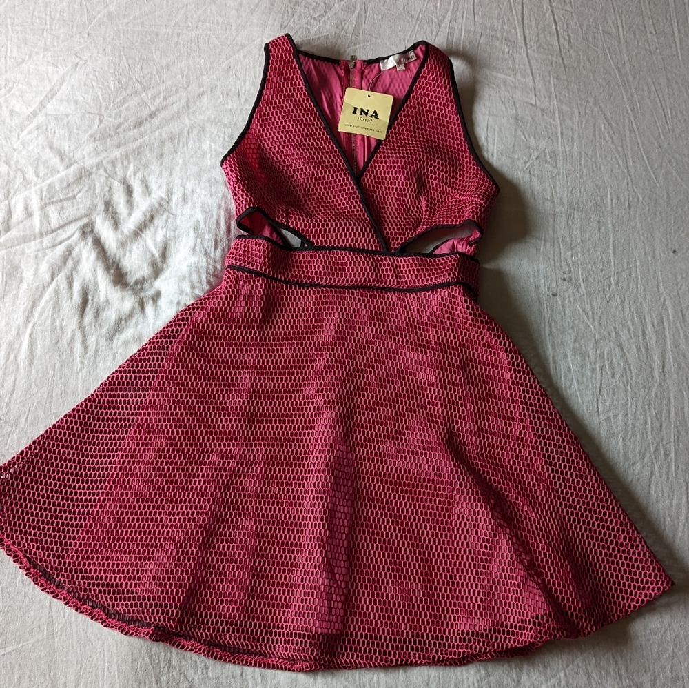 NWT INA Fashion Raver Festival Fishnet Cutout Dress Hot Pink Barbie
